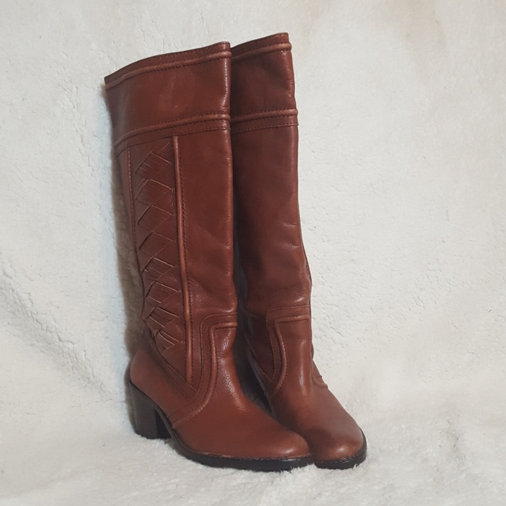 Fossil Felicia Cognac Brown Woven Leather Boots